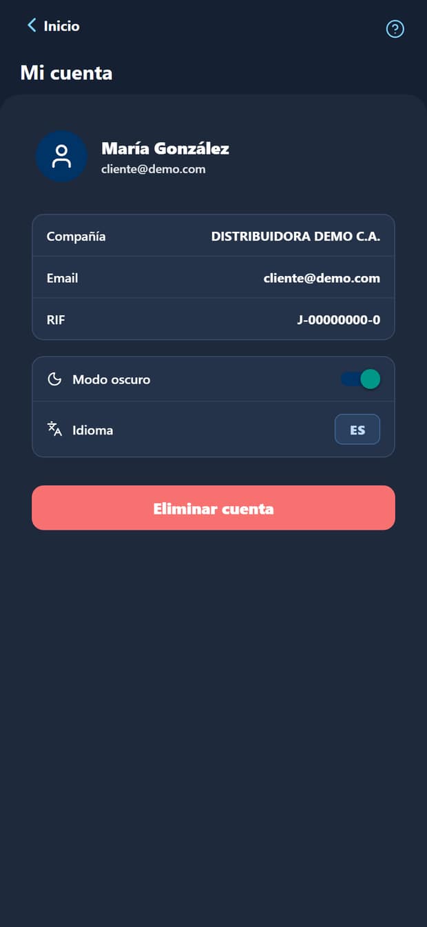 Pantalla Mi cuenta de Soli360 en modo oscuro