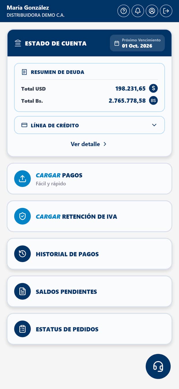 Pantalla de inicio de Soli360 con el estado de cuenta y los accesos a cada módulo