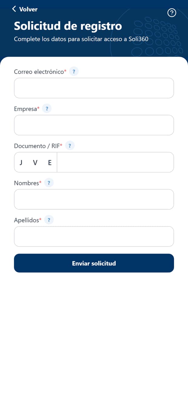 Formulario de solicitud de registro en Soli360